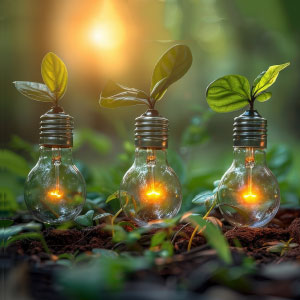 Three lightbulbs planted in soil with leaves growing out the top